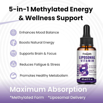 Liposomal Vitamin B Complex Liquid with Methylated B12, B1, B2, B3, B5, B6, Folate, Biotin - Energy & Immune Support, 240 mL