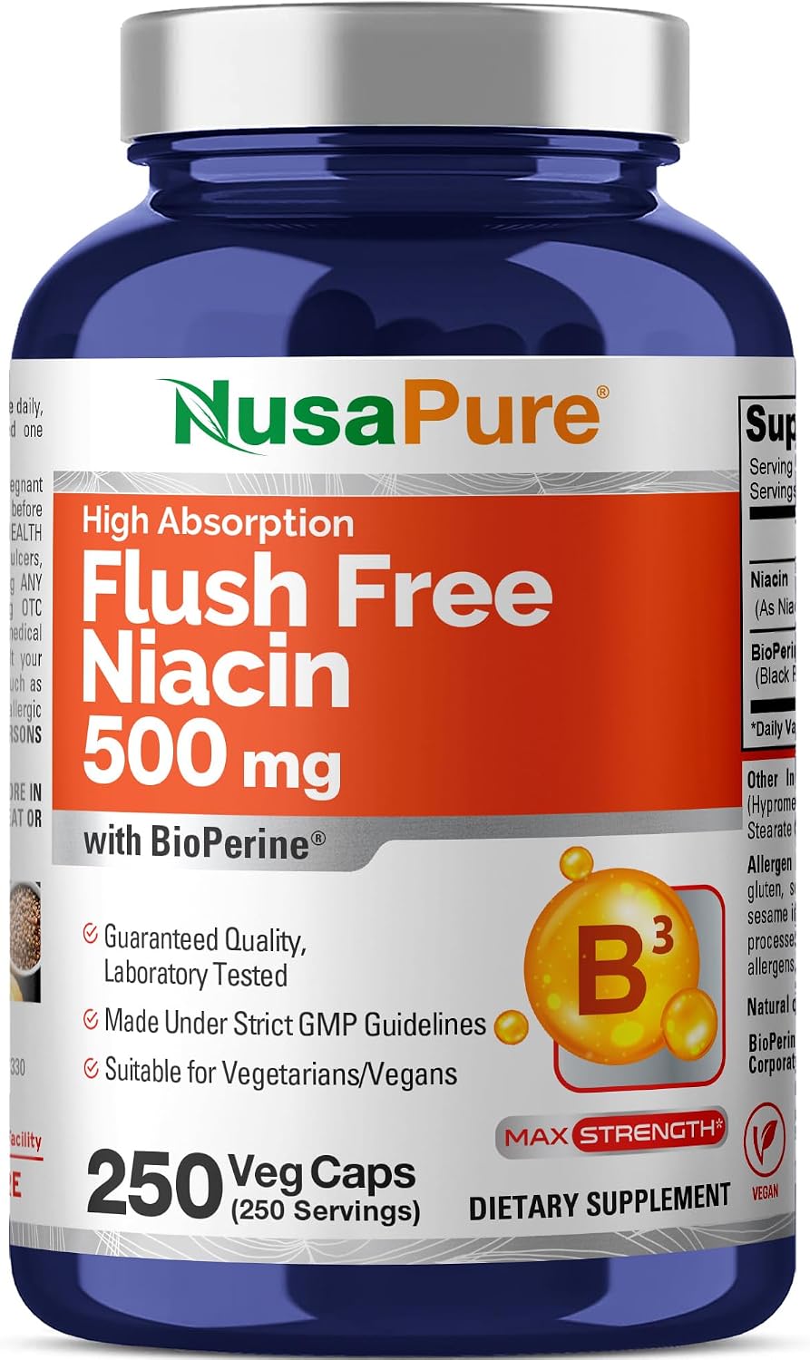 NusaPure Flush Free Niacin 500 mg – 250 Capsules - görsel 1