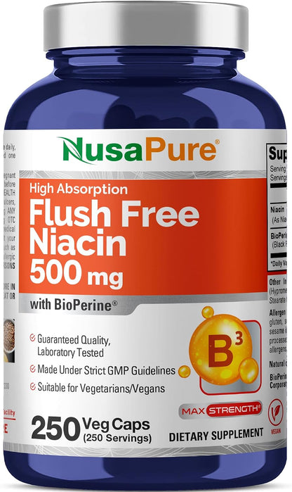 NusaPure Flush Free Niacin 500 mg – 250 Capsules