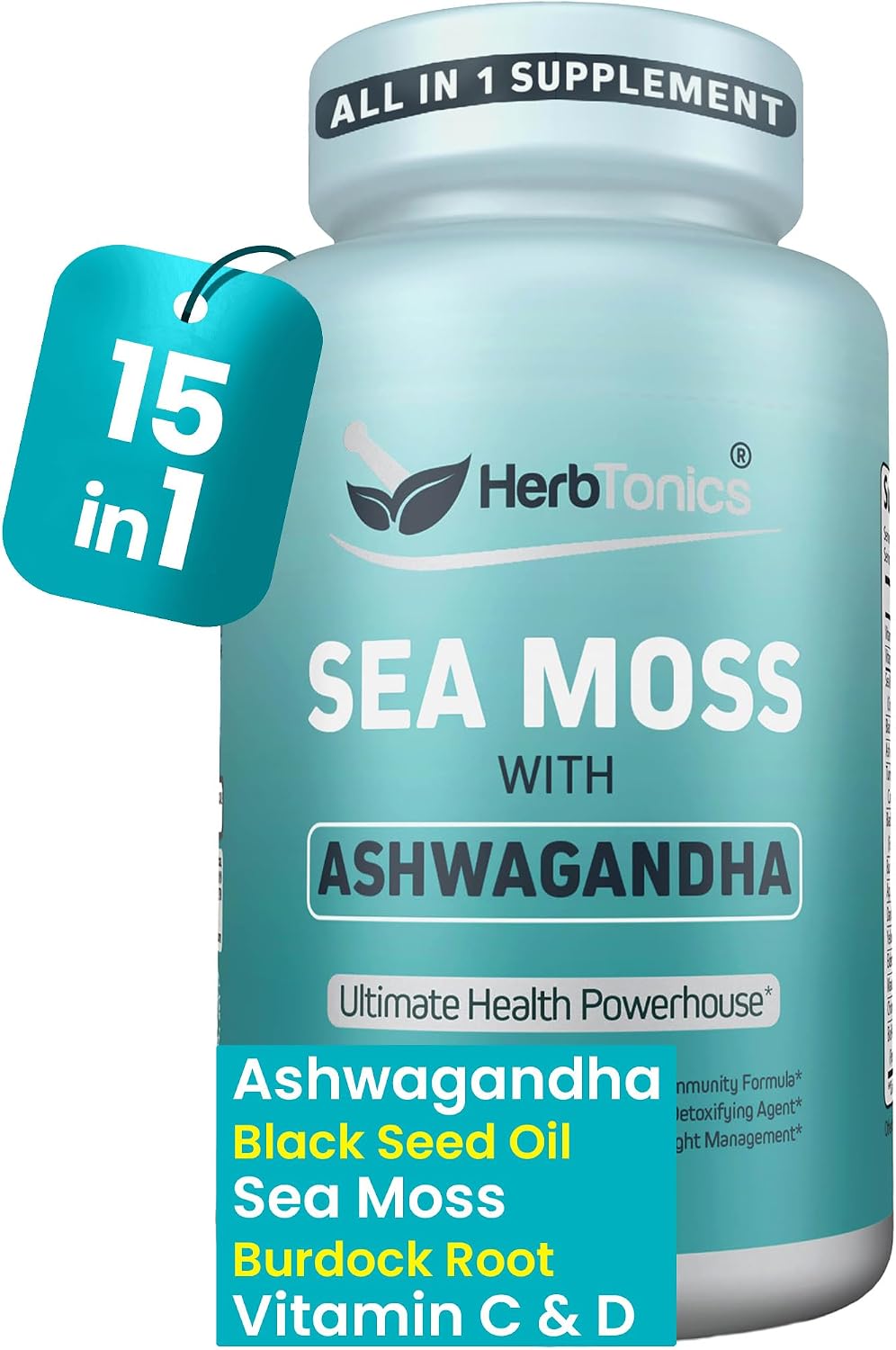 Herbtonics Sea Moss, Black Cumin Seed, Ashwagandha, Burdock Root & ACV Complex - 60 Capsules - görsel 1