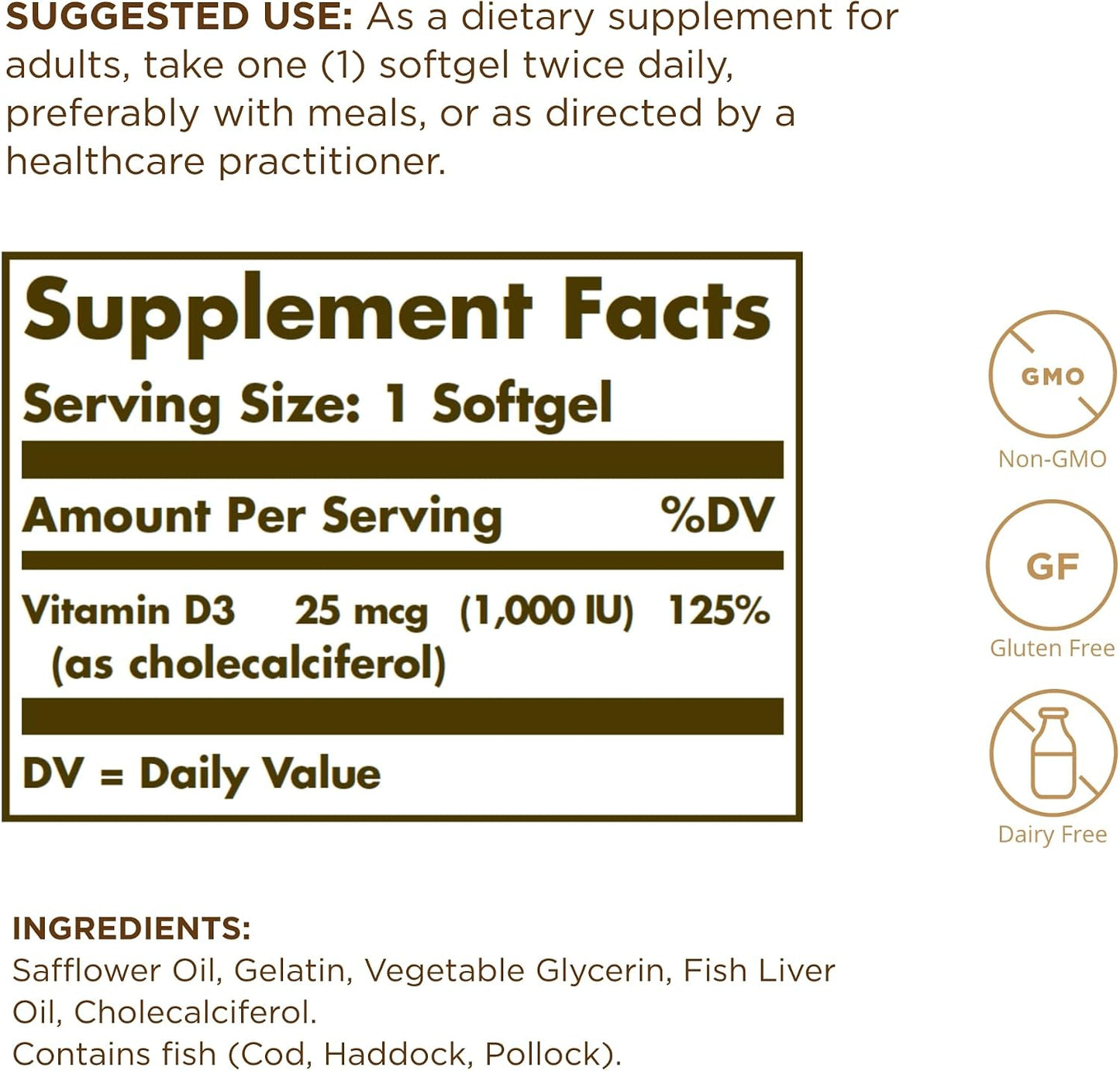 Solgar Vitamin D3 (Cholecalciferol) 25 mcg (1000 IU) – 100 Softgels - görsel 2