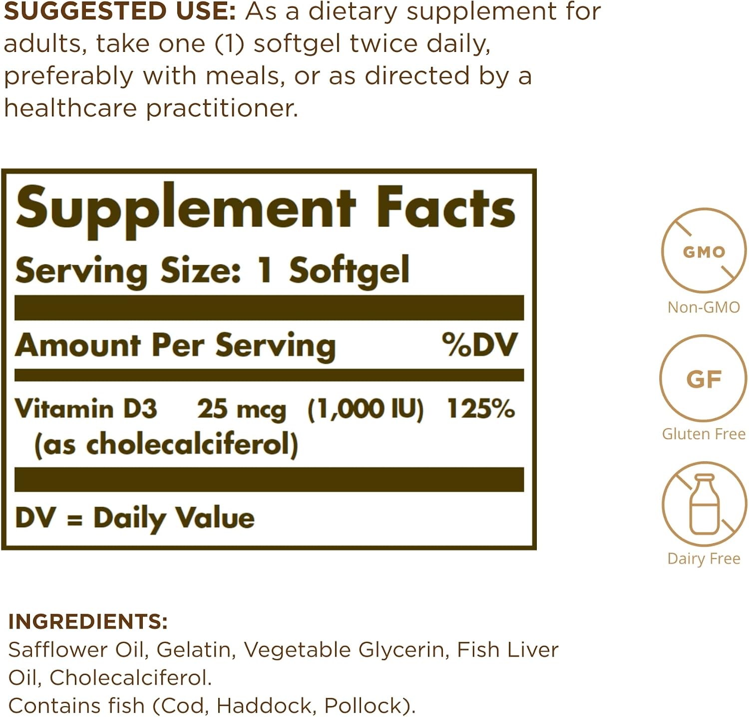 Solgar Vitamin D3 (Cholecalciferol) 25 mcg (1000 IU) – 100 Softgels - görsel 2