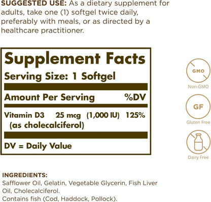 Solgar Vitamin D3 (Cholecalciferol) 25 mcg (1000 IU) – 100 Softgels