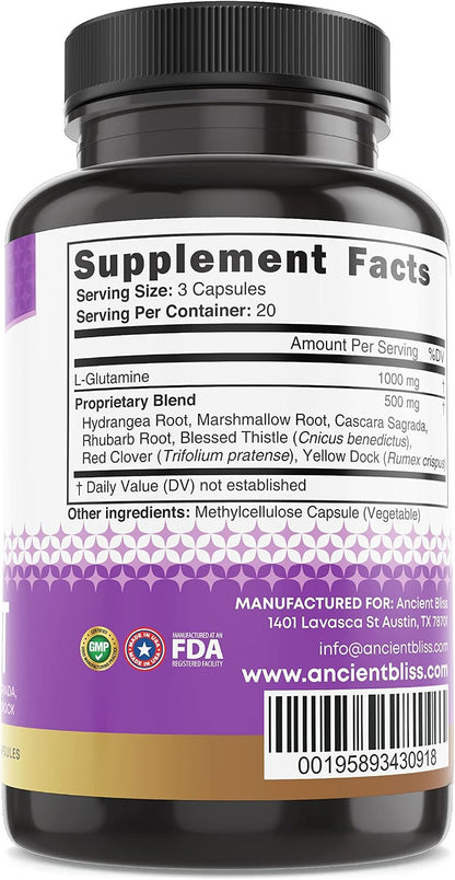 Ancient Bliss Leaky Gut Supplement – L-Glutamine Capsules with Blessed Thistle & Hydrangea Root – Vegan, Non-GM – 60 Capsules