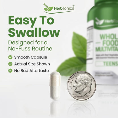 Herbtonics Wholefood Teen Vitamins - Multivitamin for Boys & Girls Ages 12-18 - Energy, Focussed and Immune Support - 60 Capsules