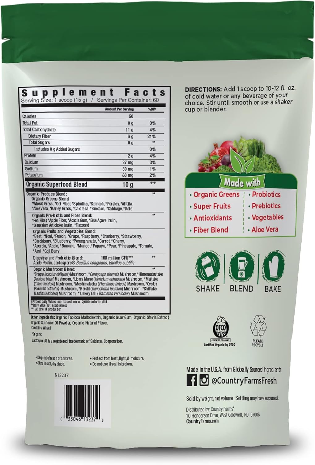 Country Farms Super Greens Natural Flavour – Organic Superfood Powder with Fibre, Mushrooms & Probiotics (60 Servings, 900g) - görsel 2