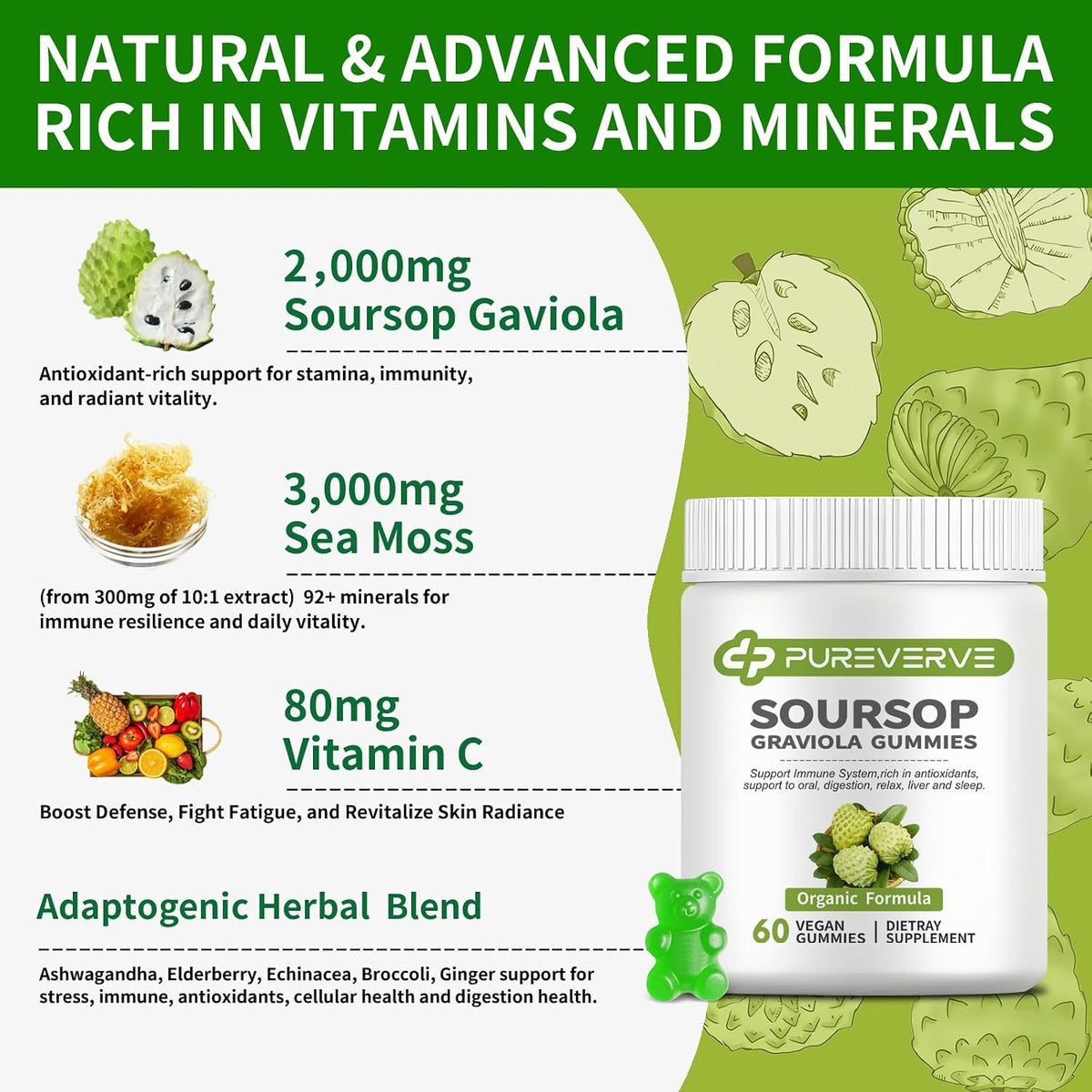 Pureverve Soursop Graviola Gummies - Max – Immune Function: Vitamin C and zinc are well-known for their roles in – Image 2
