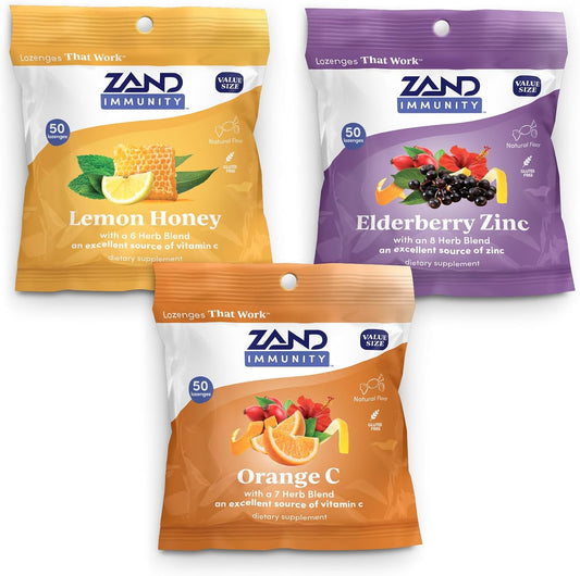 ZAND Immunity Variety 3 Pack – Lemon Honey, Elderberry Zinc & Orange C Throat Lozenges – Immune Support – 50 Lozenges Each – Image 1