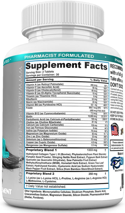 Hair Skin Forte XL Hair & Skin Growth Complex 10,000 mcg Biotin + Collagen Peptides - 60 Tablets