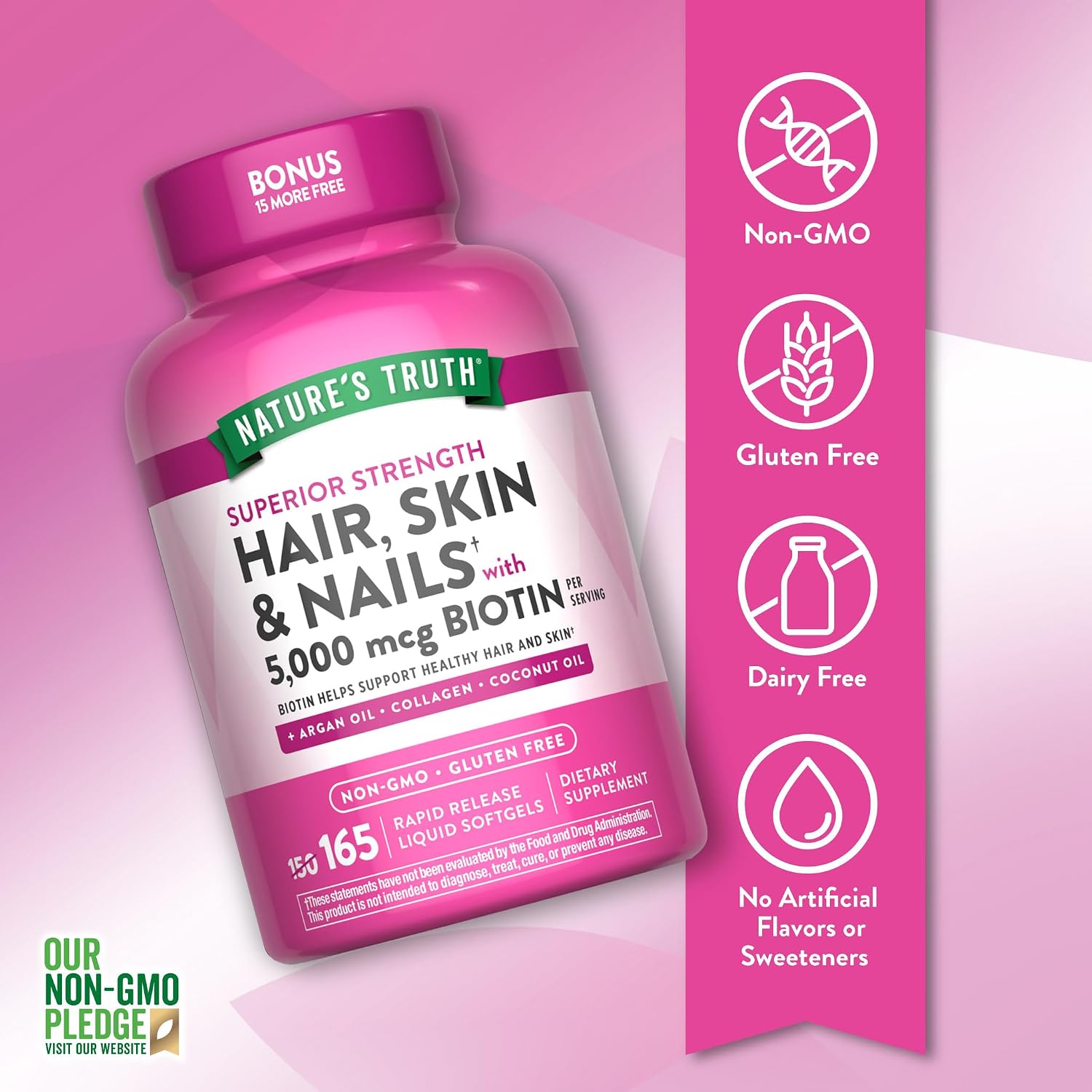 Nature's Truth Hair, Skin & Nails Vitamin | 5000mcg Biotin | 165 Softgels | with Collagen | Non-GM & Gluten free Supplement - görsel 3