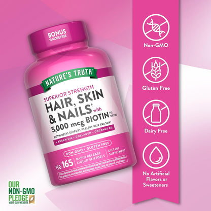 Nature's Truth Hair, Skin & Nails Vitamin | 5000mcg Biotin | 165 Softgels | with Collagen | Non-GM & Gluten free Supplement