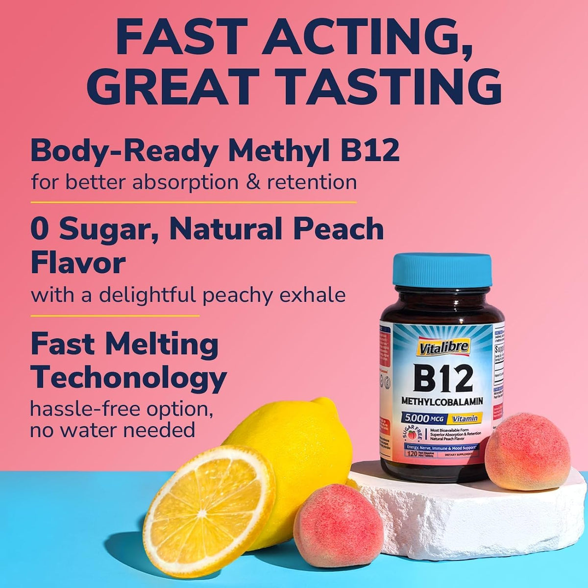 Vitalibre Vitamin B12 Sublingual 5000 mcg – Fast-dissolve sublingual mini tablets for rapid absorption – Image 2