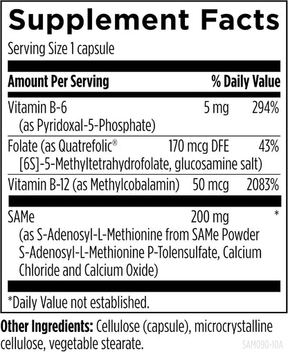 Designs for Health SAMe Capsules with B6, B12 & 5-MTHF - 200mg S-Adenosylmethionine Supplement (90 Capsules)