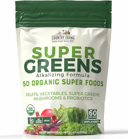 Country Farms Super Greens Natural Flavour – Organic Superfood Powder with Fibre, Mushrooms & Probiotics (60 Servings, 900g)