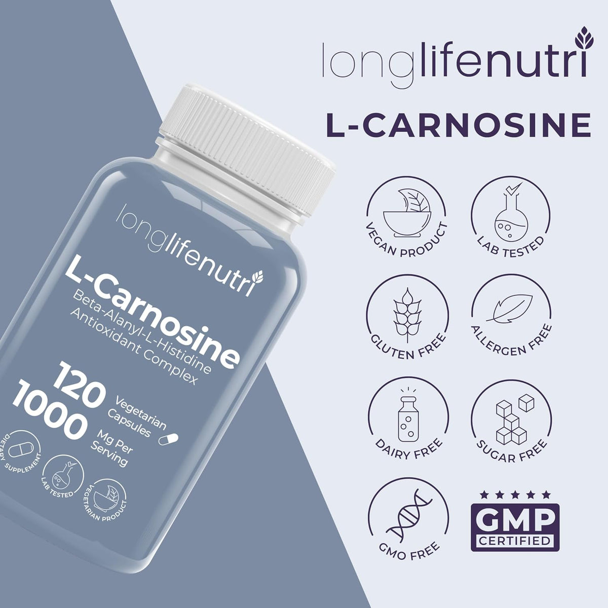 LongLifeNutri L-Carnosine 1000mg – Beta-Alanyl-L-Histidine for Cellular Energy & Brain Clarity, 120 Veg Capsules – Image 7