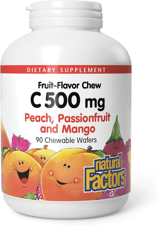 Natural Factors Kids Chewable Vitamin C 500 mg – Immune Support, Bones, Teeth, Gums – Peach, Passionfruit & Mango – 90 Wafers – Image 1