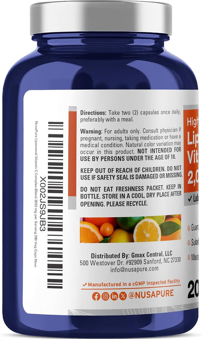 NusaPure Liposomal Vitamin C 2032mg – High Absorption Ascorbic Acid with BioPerine, 200 Vegan Capsules