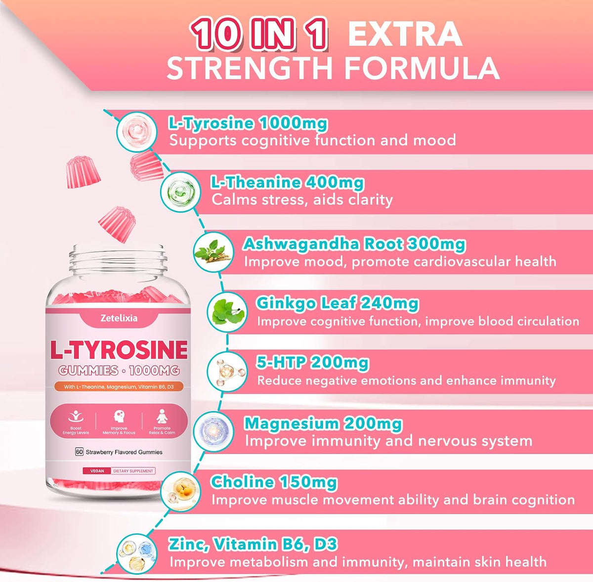 L-Tyrosine Gummies, 10-in-1 Supplement for – Ginkgo Leaf: Traditionally used to support circulation and cognitive – Image 4