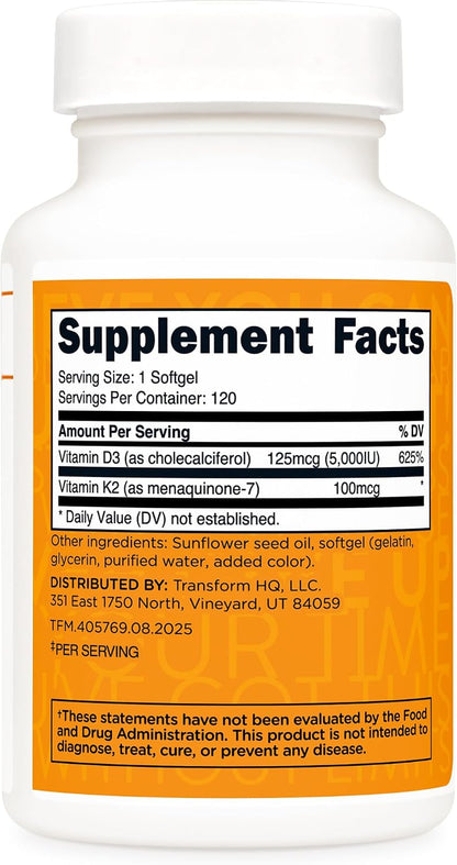 TransformHQ Vitamin K2 (MK7) (100mcg) + Vitamin D3 (5000 IU) - 120 Soft-gels