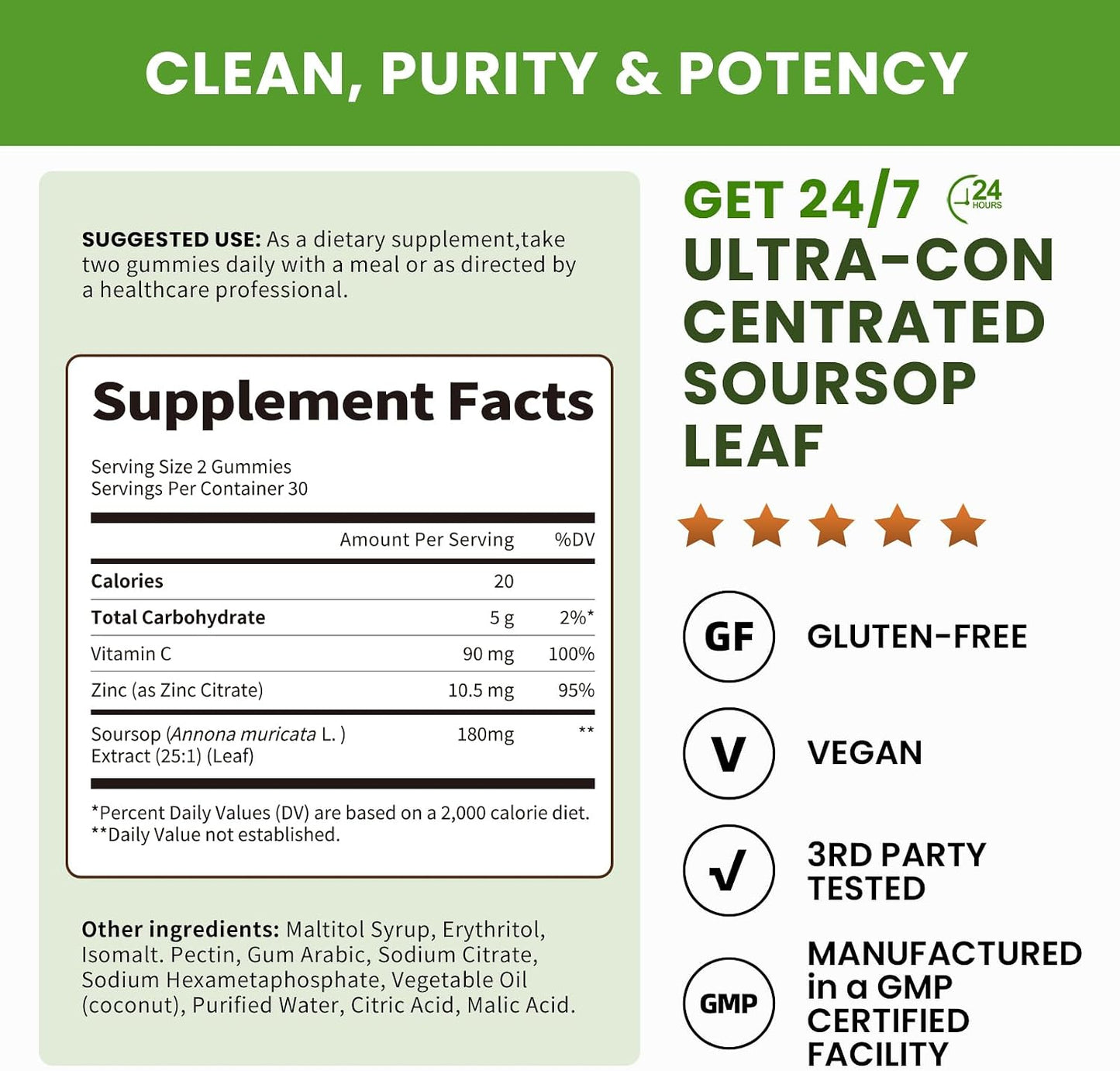 (2 Pack) Soursop Graviola Gummies - Concentrated Soursop Leaves Extract with Vitamin C and Zinc for Immune and Antioxidant Support, Sugar Free, Gluten free, Vegan, 60 Gummies - görsel 2