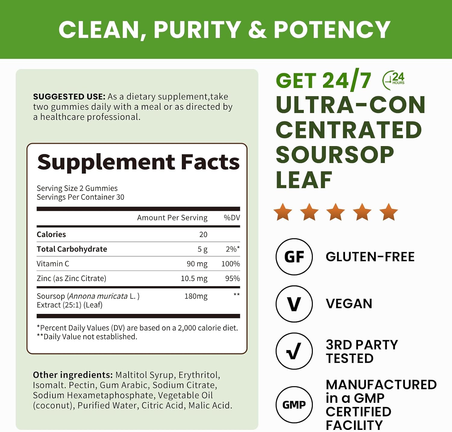 (2 Pack) Soursop Graviola Gummies - Concentrated Soursop Leaves Extract with Vitamin C and Zinc for Immune and Antioxidant Support, Sugar Free, Gluten free, Vegan, 60 Gummies - görsel 2