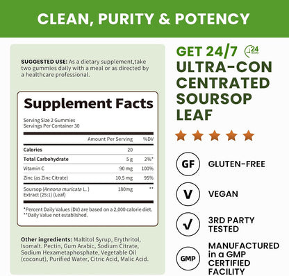(2 Pack) Soursop Graviola Gummies - Concentrated Soursop Leaves Extract with Vitamin C and Zinc for Immune and Antioxidant Support, Sugar Free, Gluten free, Vegan, 60 Gummies