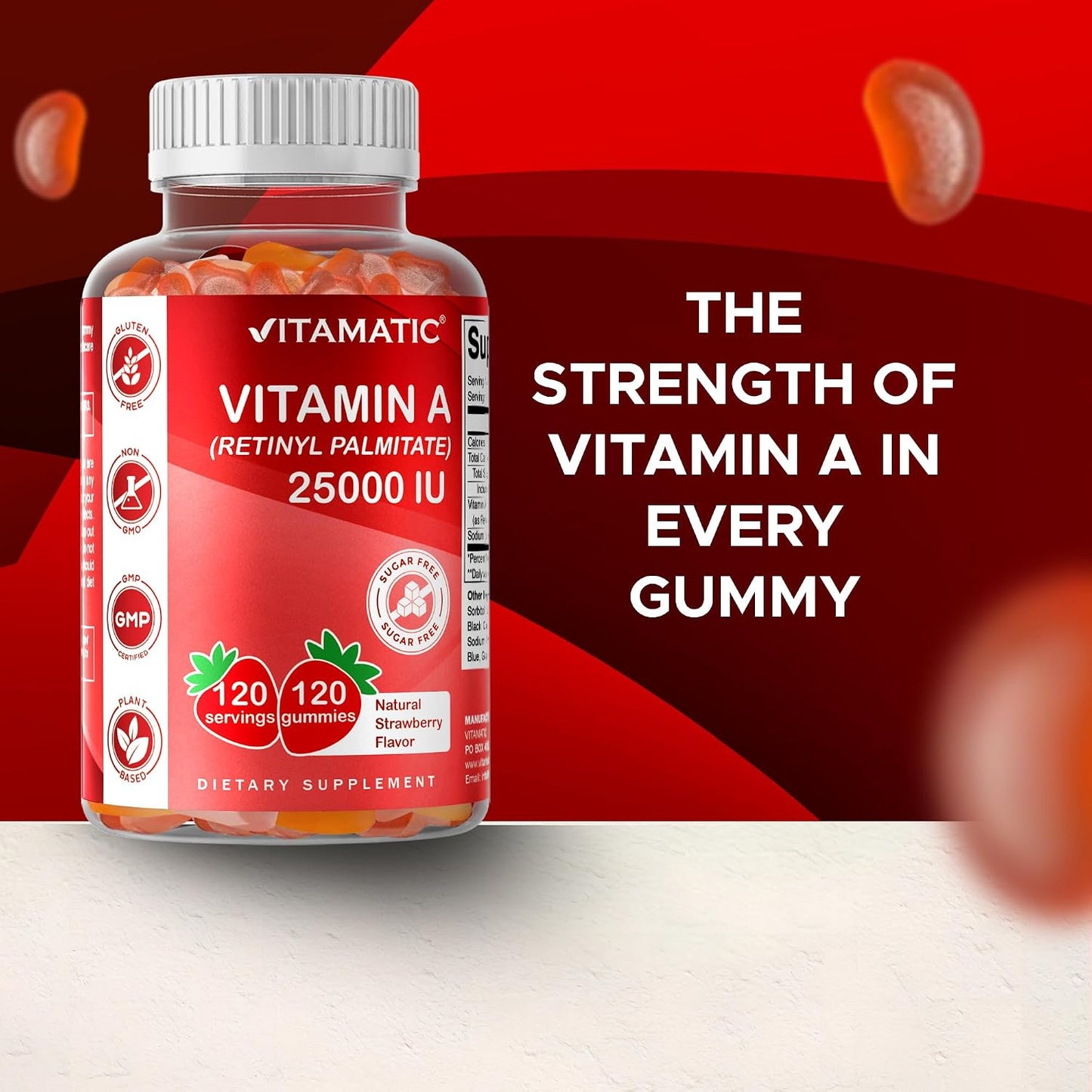 Vitamatic Vitamin A 25,000 IU Gummies – Sugar Free Retinyl Palmitate – 1 Daily Gummy, 120 Servings – Natural Strawberry Flavour – Pectin Based – 120 Count - görsel 6