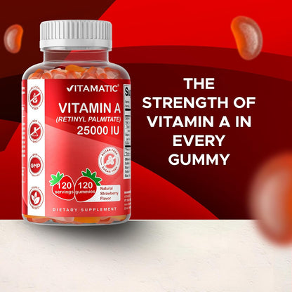 Vitamatic Vitamin A 25,000 IU Gummies – Sugar Free Retinyl Palmitate – 1 Daily Gummy, 120 Servings – Natural Strawberry Flavour – Pectin Based – 120 Count