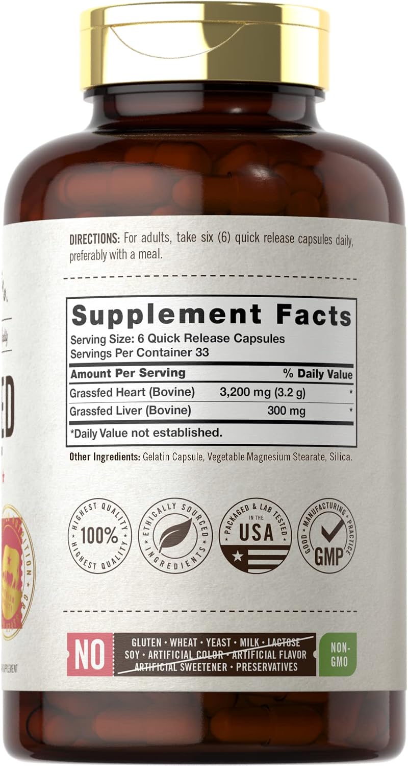 Carlyle Grass Fed Beef Heart Supplement - 3200mg - 200 Count - Desiccated Pasture Raised Bovine Capsules - Non-GM, Gluten free - görsel 2