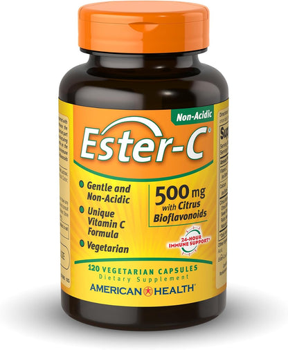 American Health Ester-C 500 mg with Citrus Bioflavonoids - 120 Vegetarian Capsules - 24-Hour Immune Support - Non-GM, Vegan, Gluten free - 60 Servings