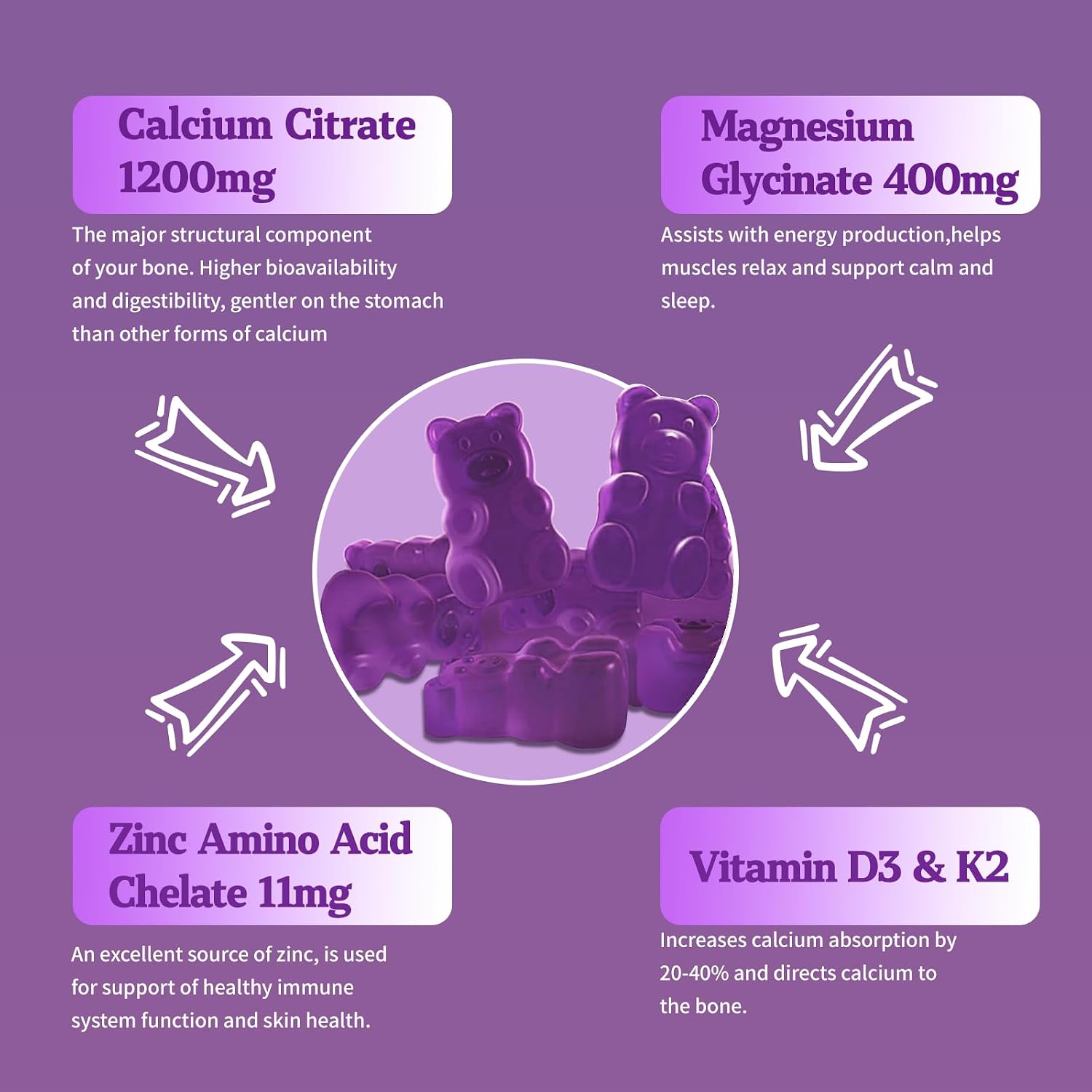 (120 Counts) Calcium Magnesium Zinc Gummies with Vitamin D3 & K2 - High Absorption Magnesium Glycinate - Muscles, Immune & Sleep Support - Sugar-free - Blueberry Flavoured - görsel 4