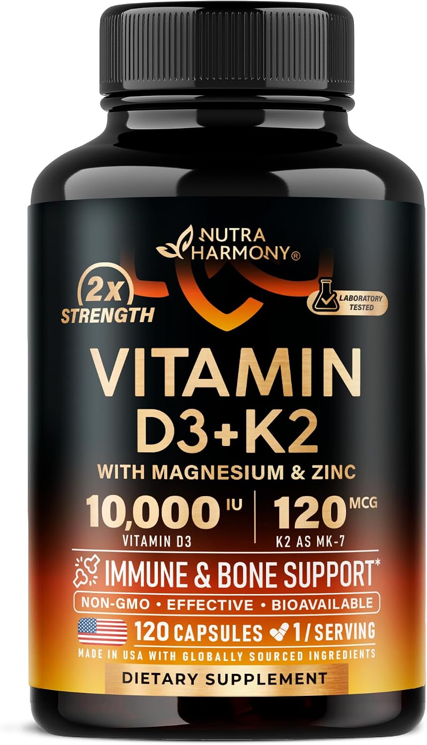Vitamin D3 10000 IU & K2 (MK-7) with Magnesium, Zinc, Vitamin C & B12 – 120 Capsules – Image 1