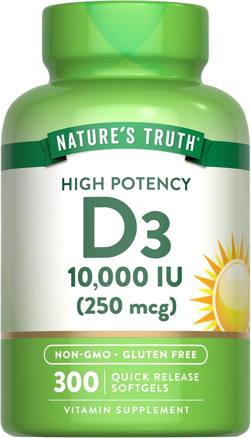 Nature's Truth Vitamin D3 10000 IU Softgels, 300 Count - Extra Strength, Non-GM & Gluten free - görsel 1