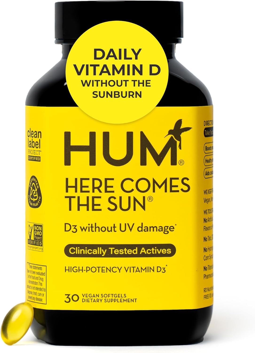 HUM Here Comes The Sun - Vegan Vitamin D3 Immune Support Supplement (2000 IU, 30 Softgels) - görsel 1
