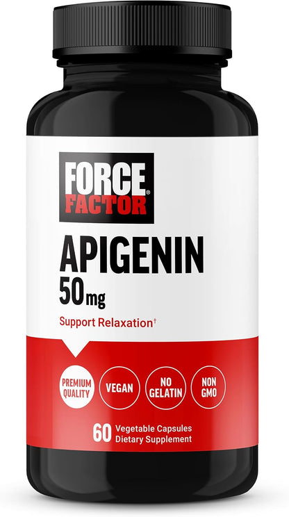 Force Factor Apigenin Supplement for Relaxation and Stress Support, Powerful Bioflavonoid and Antioxidant, Apigenin 50mg, Premium Quality, Vegan, Non-GM, 60 Capsules (Packaging May Vary)
