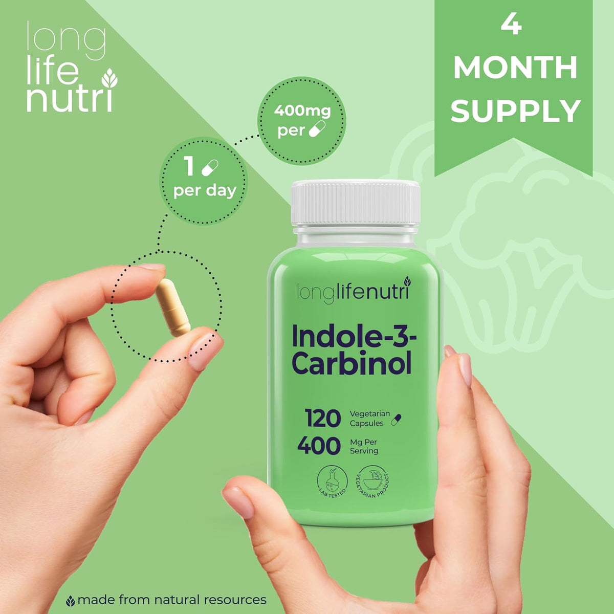 LongLifeNutri Indole-3-Carbinol 400mg - 120 – Hormone Balance Support: I3C may promote a healthy balance of – Image 5