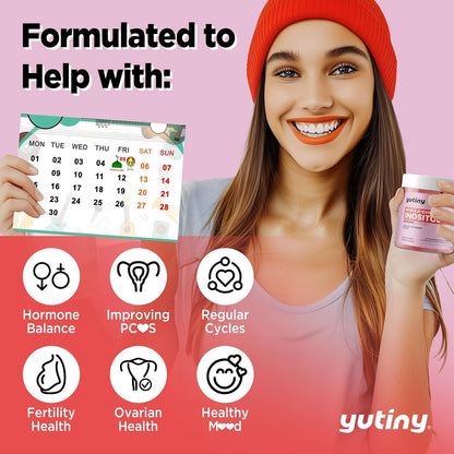 Yutiny Myo-Inositol & D-Chiro Inositol Gummies, Vitamin B6 B12 & Folate for Women's, Vegan, Sugar-free, Strawberry Flavour, – Image 3