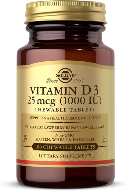 Solgar Vitamin D3 (Cholecalciferol) 25 mcg (1000 IU) Chewable Tablets, Natural Strawberry Banana – 100 Count