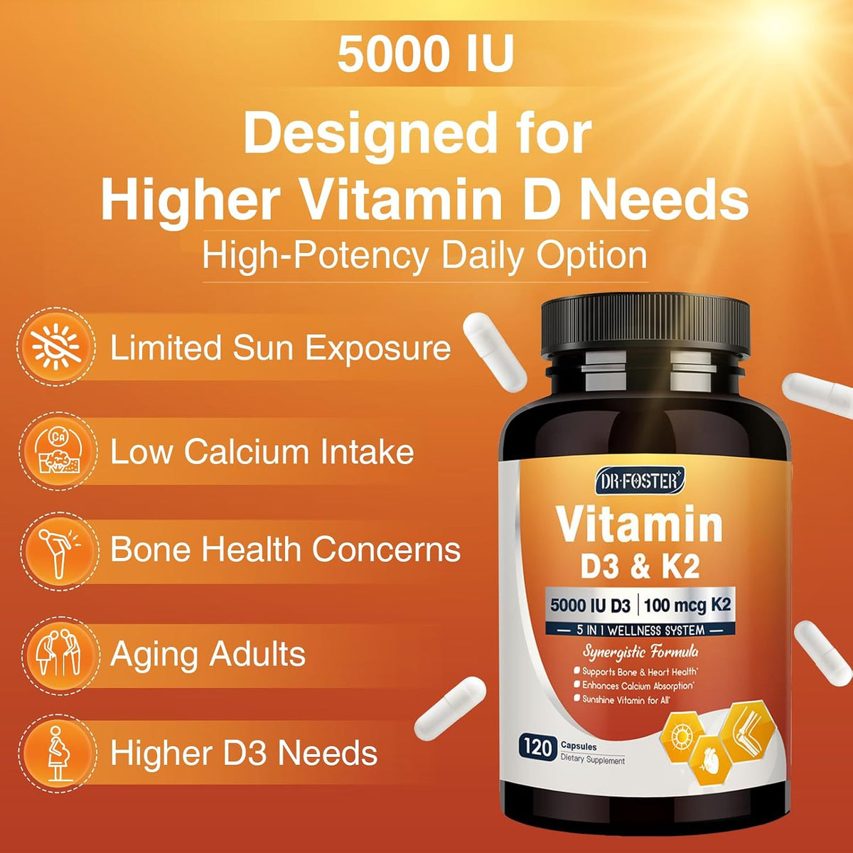 DRFOSTER Vitamin D3 & K2 Supplement - 5000 IU D3 + 100 mcg K2 (MK-7) with Vitamin E, Folic Acid & Methyl B12 - 120 Capsules – Image 4