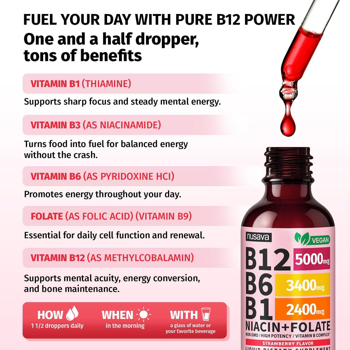 NUSAVA Vitamin B12 Liquid Drops 5000mcg - B-Complex with B6 and B1 - Sublingual Methylcobalamin, Vegan, Non-GM, Strawberry – Image 3