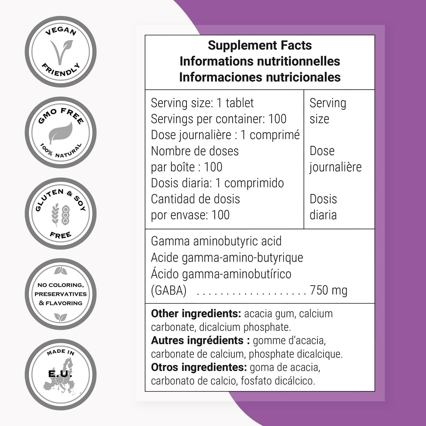 Supersmart - GABA 750mg per Day (High Strength) - Gamma-Amino Butyric Acid GABA Supplement | Non-GM & Gluten free - 100 Tablets - görsel 4
