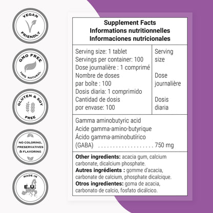 Supersmart - GABA 750mg per Day (High Strength) - Gamma-Amino Butyric Acid GABA Supplement | Non-GM & Gluten free - 100 Tablets