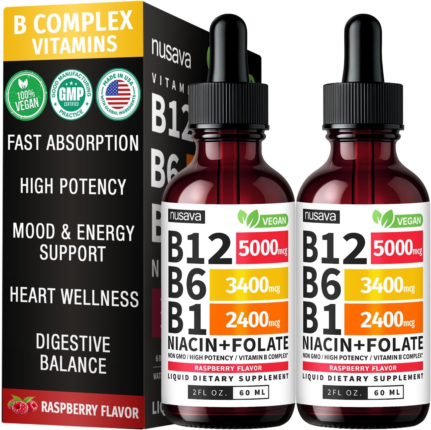 NUSAVA (2 Pack) Vitamin B12 Liquid Drops with B6, B1, Niacin & Folate — B12 Sublingual Vitamin B Complex, Methylcobalamin 5000 mcg, for Energy, Brain & Heart Support, Raspberry Flavour, 80 Servings - görsel 1