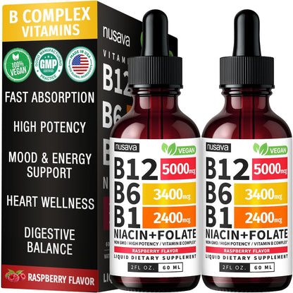 NUSAVA (2 Pack) Vitamin B12 Liquid Drops with B6, B1, Niacin & Folate — B12 Sublingual Vitamin B Complex, Methylcobalamin 5000 mcg, for Energy, Brain & Heart Support, Raspberry Flavour, 80 Servings