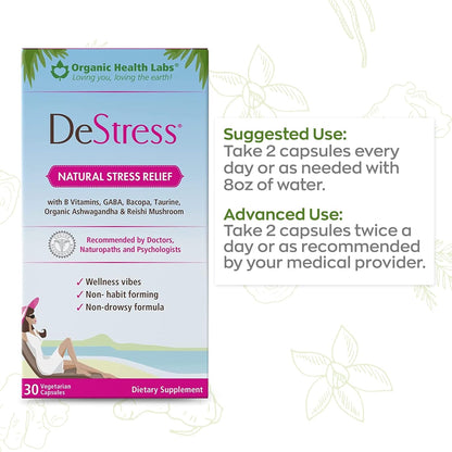 DeStress All-Natural: Veggie Capsules with B Vitamins, Magnesium, Ashwagandha and L-Theanine, Stress Relief Supplement, 30 Capsules