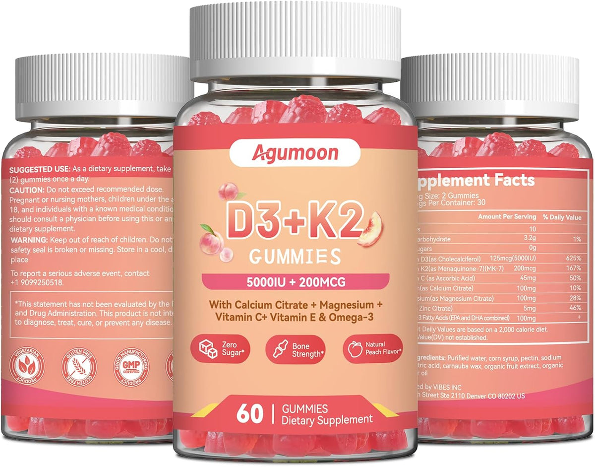 Vitamin D3 K2 Gummies for Adults - Vitamin D3 5000IU + K2 (MK-7) 200mcg, with Calcium Citrate, Magnesium Citrate, Omega-3 – Image 8