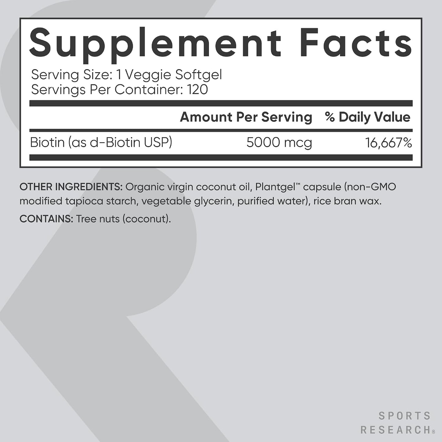 Sports Research® Biotin 5000mcg with Organic Coconut Oil - Vegan, Non-GM, 120 Softgels - görsel 5