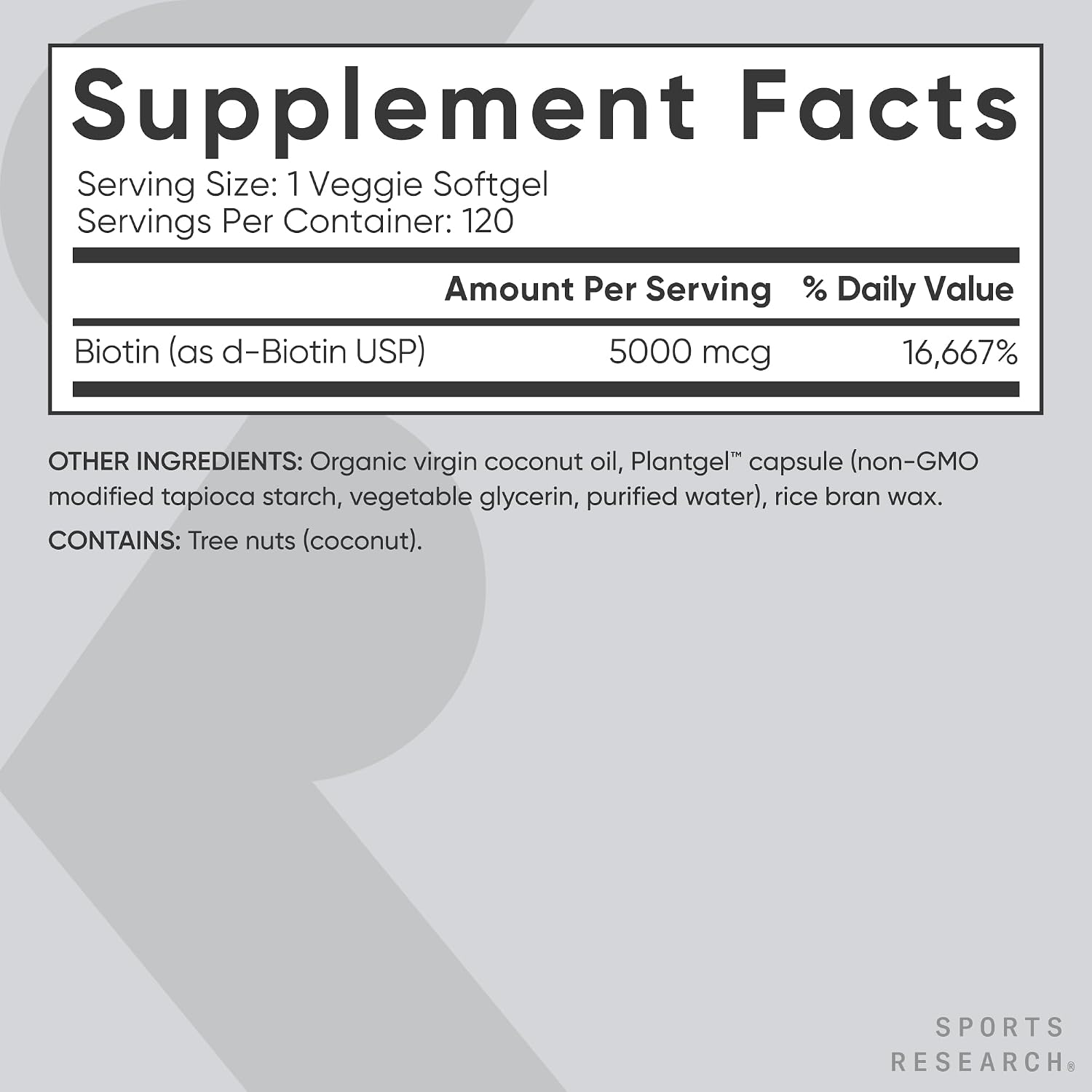Sports Research® Biotin 5000mcg with Organic Coconut Oil - Vegan, Non-GM, 120 Softgels - görsel 5