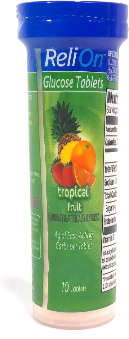 ReliOn Glucose Tropical Fruit Tablets, On-The-Go Tube, 10 Tablets
