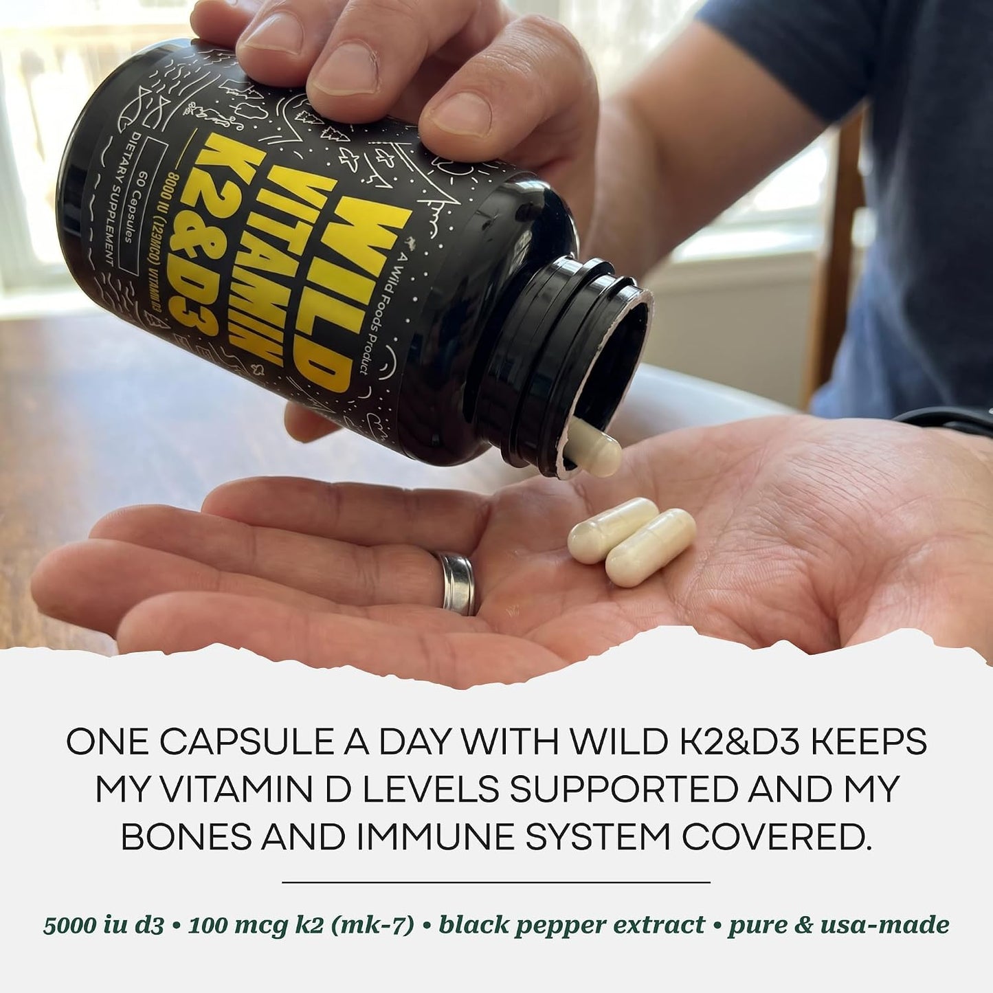 Wild Foods 5000 IU Vitamin D3 + K2 (100mcg Mk7) with Black Pepper Extract, Plant-Based, Non-GM, Soy- & Gluten free, 60 Capsules - görsel 5